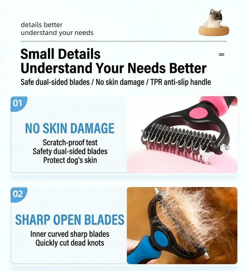 Pain-Free Pet Dematting Brush – Double-Sided Undercoat Rake for Dogs & Cats, Removes Tangles, Mats & Loose Fur